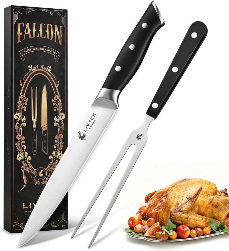 Livtek Carving Knife Set - Razor-Sharp German Stainless Steel - Ergonomic Handle & Full Tang Design - for Slicing Roast, Turkey, Ham, BBQ - 8 Inch Knife & 7 Inch Fork - Thanksgiving Gift - Image 1